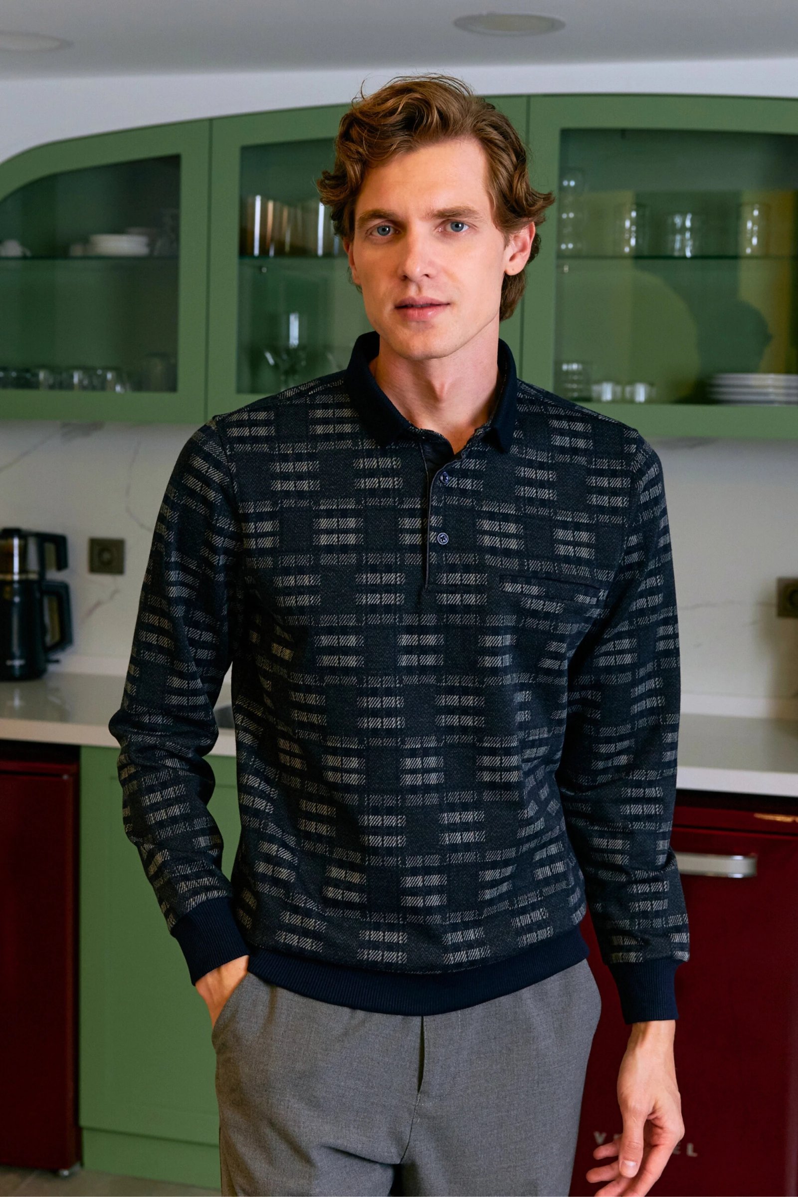 Erkek Polo Yaka Sweat Desenli Cepli Klasik Kalıp